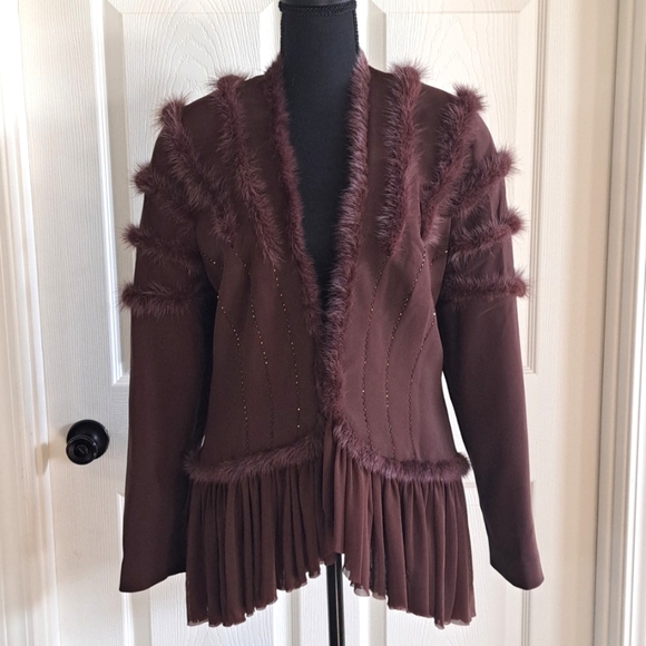 NWOT Champagne Italy Mink Faux Fur Trim Beaded Flowy Dressy Chic Jacket - Picture 1 of 9